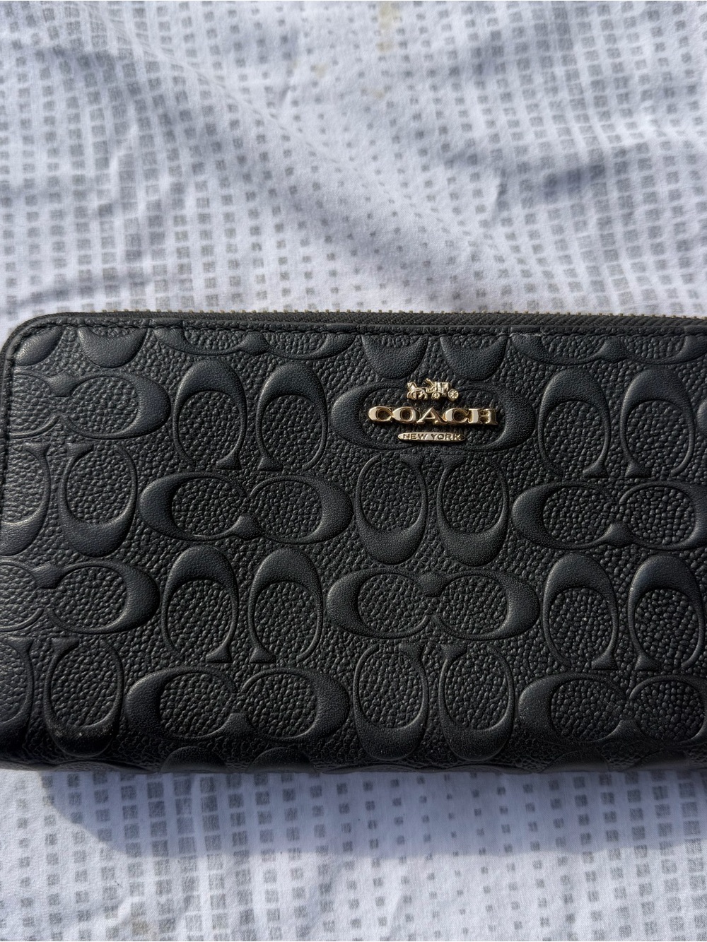 Coach Black Signature Embossed Leather Zip Wallet with Gold Logo